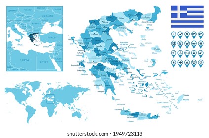 Greece detailed administrative blue map with country flag and location on the world map.