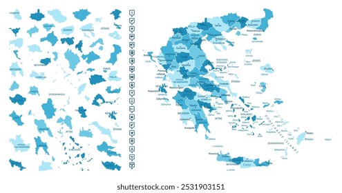 Grécia - mapa detalhado do país em cores azuis, dividido em regiões. Ícones infográficos. Ilustração vetorial.