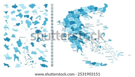 Greece - detailed map of the country in blue colors, divided into regions. Infographic icons. Vector illustration.
