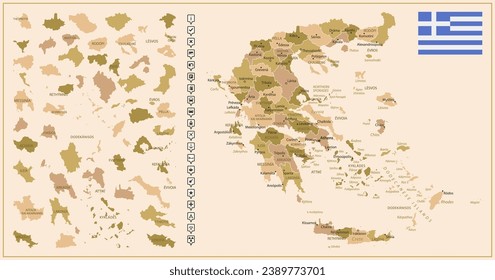 Greece - detailed map of the country in brown colors, divided into regions. Vector illustration