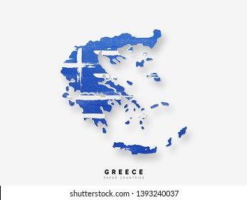 Greece detailed map with flag of country. Painted in watercolor paint colors in the national flag.