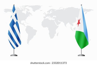 Greece and Djibouti flags for official meeting against background of world map.