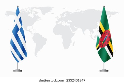 Greece and Dominica flags for official meeting against background of world map.