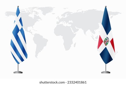 Greece and Dominican flags for official meeting against background of world map.