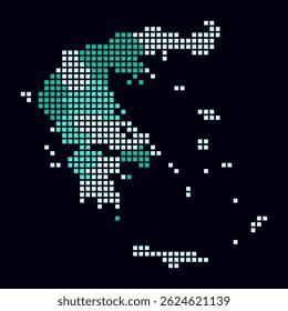 Greece dotted map. Digital style map of the country on dark background. Greece shape with square dots. Colored dots style. Large size squares. Classy vector illustration.
