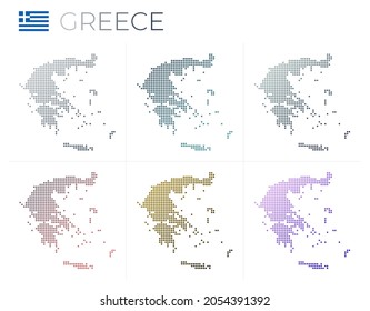 Mapa de puntos de Grecia. Mapa de Grecia con un estilo punteado. Las fronteras del país están llenas de hermosos círculos de gradientes lisos. Potente ilustración vectorial.