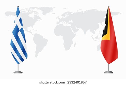 Greece and East Timor flags for official meeting against background of world map.