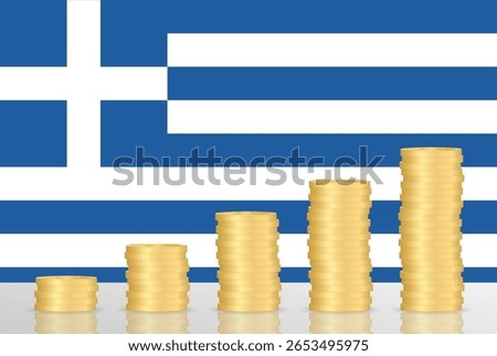 Greece Economy. Flag of Greece with Coin Stack. Financial and Investment Concept. Vector Illustration.  