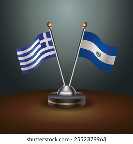 Greece and El Salvador table flags relation  with gradient backgrund. Vector Illustration