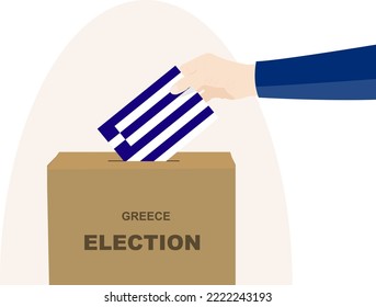 Greece election and vote concept, political selection, man hand and ballot box, democracy and human rights idea, election day, vector asset with Greece flag
