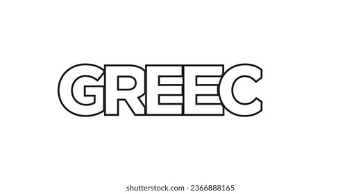 Griechenland-Emblem für Druck und Web. Das Design zeichnet sich durch geometrischen Stil, Vektorgrafik mit gewagter Typografie in moderner Schrift aus. Grafische Slogan-Schrift einzeln auf weißem Hintergrund.