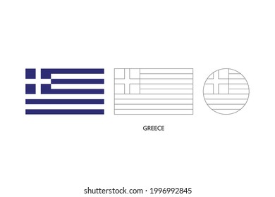 Greece flag 3 versions, Vector illustration, Thin black line of rectangle and the circle on white background.