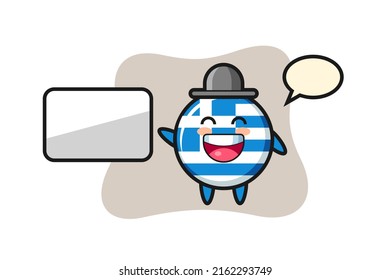 greece flag badge cartoon illustration doing a presentation , cute style design for t shirt, sticker, logo element