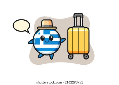 greece flag badge cartoon illustration with luggage on vacation , cute style design for t shirt, sticker, logo element