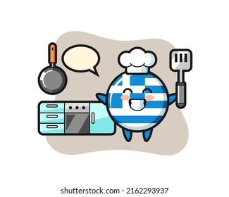 greece flag badge character illustration as a chef is cooking , cute style design for t shirt, sticker, logo element