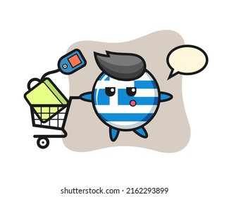 greece flag badge illustration cartoon with a shopping cart , cute style design for t shirt, sticker, logo element