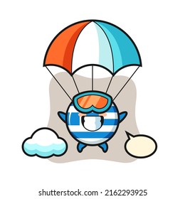 greece flag badge mascot cartoon is skydiving with happy gesture , cute style design for t shirt, sticker, logo element