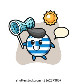 greece flag badge mascot illustration is catching butterfly , cute style design for t shirt, sticker, logo element