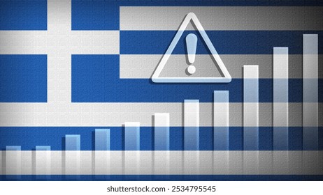 Greece flag with burlap texture, warning sign, and rising bar chart symbolizing increasing risk or growth challenges in the country. Ideal for data presentations.