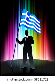 Greece Flag with Businessman on Abstract Spectrum Background Original Illustration