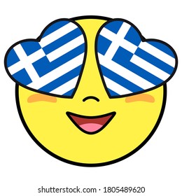 Greece flag button. Patriotic smile in hearts glasses. Emoji icon isolated on white background.