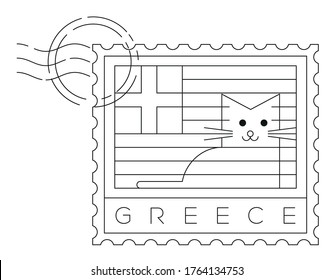 Bandera griega y sello Cat, ilustración lineal mínima de vectores y diseño tipográfico, Grecia