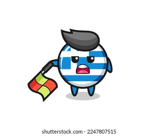 greece flag character as line judge hold the flag down at a 45 degree angle , cute style design for t shirt, sticker, logo element