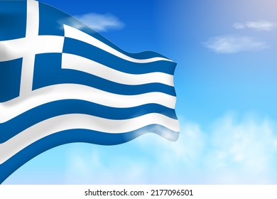 Greece flag in the clouds. Vector flag waving in the sky. National day realistic flag illustration. Blue sky vector.