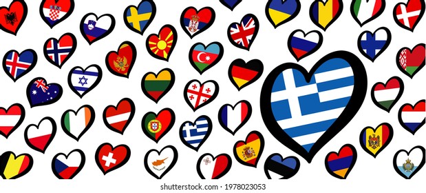 Greece flag and different countries flags with heart flags logo. For Europe, eurovision music song festival, contest. Music songs for vision dreams. Vector euro TV icon pattern. 