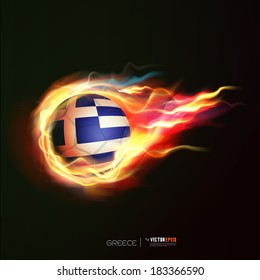 Greece flag with flying soccer ball on fire isolated black background, vector illustration