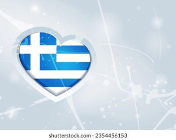 Bandera griega en forma de corazón 3D y fondo abstracto de manchas de pintura. Bandera de Grecia. Uso para folletos, material impreso, logotipos, carteles, elementos, etc.