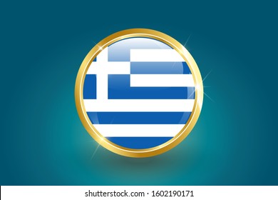 Greece flag in the form of a circle, can be used for independence day or other events. Greece icon gold glossy badge button with Greece flag and shadow on light background. vector illustration. EPS 10