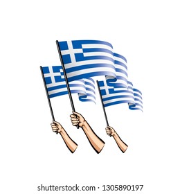 Greece flag and hand on white background. Vector illustration