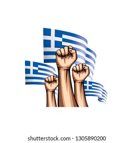 Greece flag and hand on white background. Vector illustration