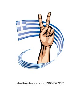 Greece flag and hand on white background. Vector illustration