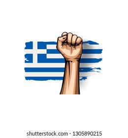 Greece flag and hand on white background. Vector illustration