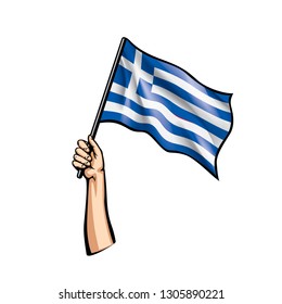 Greece flag and hand on white background. Vector illustration