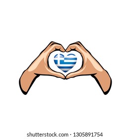 Greece flag and hand on white background. Vector illustration