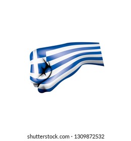 Greece flag and hand on white background. Vector illustration