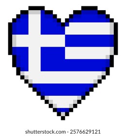 Greece flag with heart shape in pixel art style