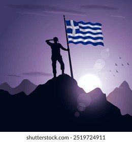 Greece Flag hoisted on a mountain peak with a purplish sunset in the background, vector illustration