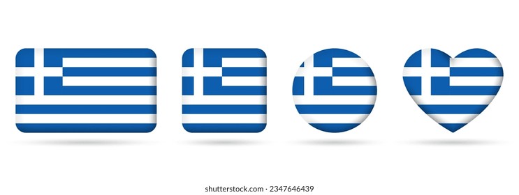 Greece flag icon or badge set. Greek square, heart and circle national symbol or banner. Vector illustration.