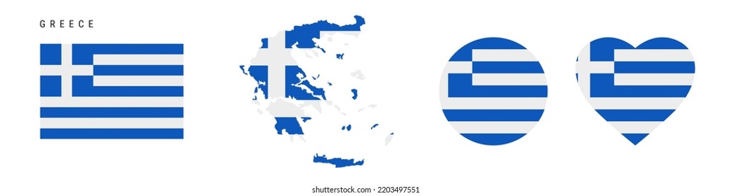 Greece flag icon set. Greek pennant in official colors and proportions. Rectangular, map-shaped, circle and heart-shaped. Flat vector illustration isolated on white.