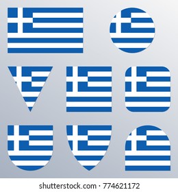 Greece flag icon set. Greek flag button or badge in different shapes. Vector illustration.