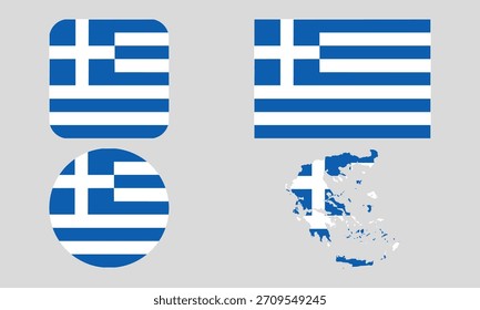 Greece Flag Icon Set in Square, Round, and Map Shapes. Clean Modern Collection. Perfect for use in apps, websites, presentations, infographics, educational materials, travel content.	