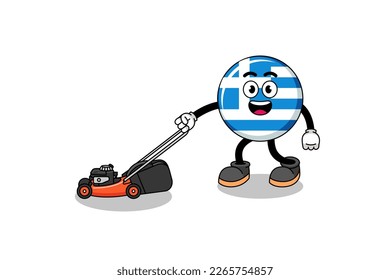 greece flag illustration cartoon holding lawn mower , character design