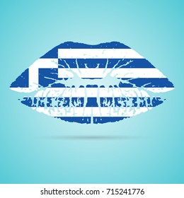 Greece Flag Lipstick On The Lips Isolated On A White Background. Vector Illustration. Kiss Mark In Official Colors And Proportions. Independence Day