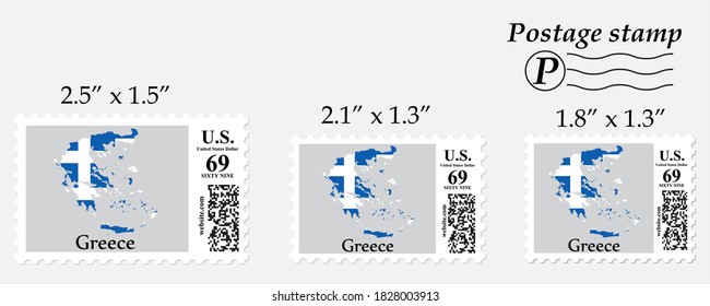 Greece flag map on postage stamp different size.