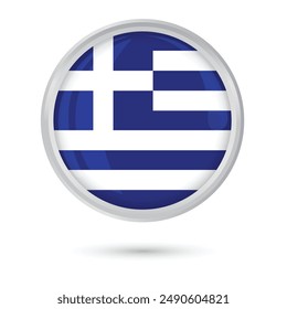 Bandera de Grecia. Bandera nacional de Grecia Ilustración vectorial aislada sobre fondo blanco forma redonda con marco. Botón redondo de la bandera 3D brillante y brillante para la celebración del día de la independencia