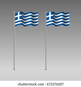 Greece flag on the flagpole. Official colors and proportion correctly. High detailed vector illustration. 3d and isometry. EPS10